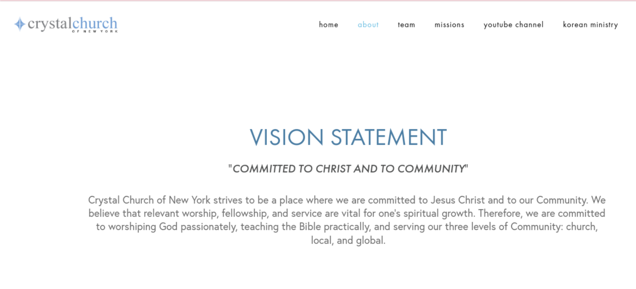 Screenshot of Crystal Church's website showing their vision statement. 