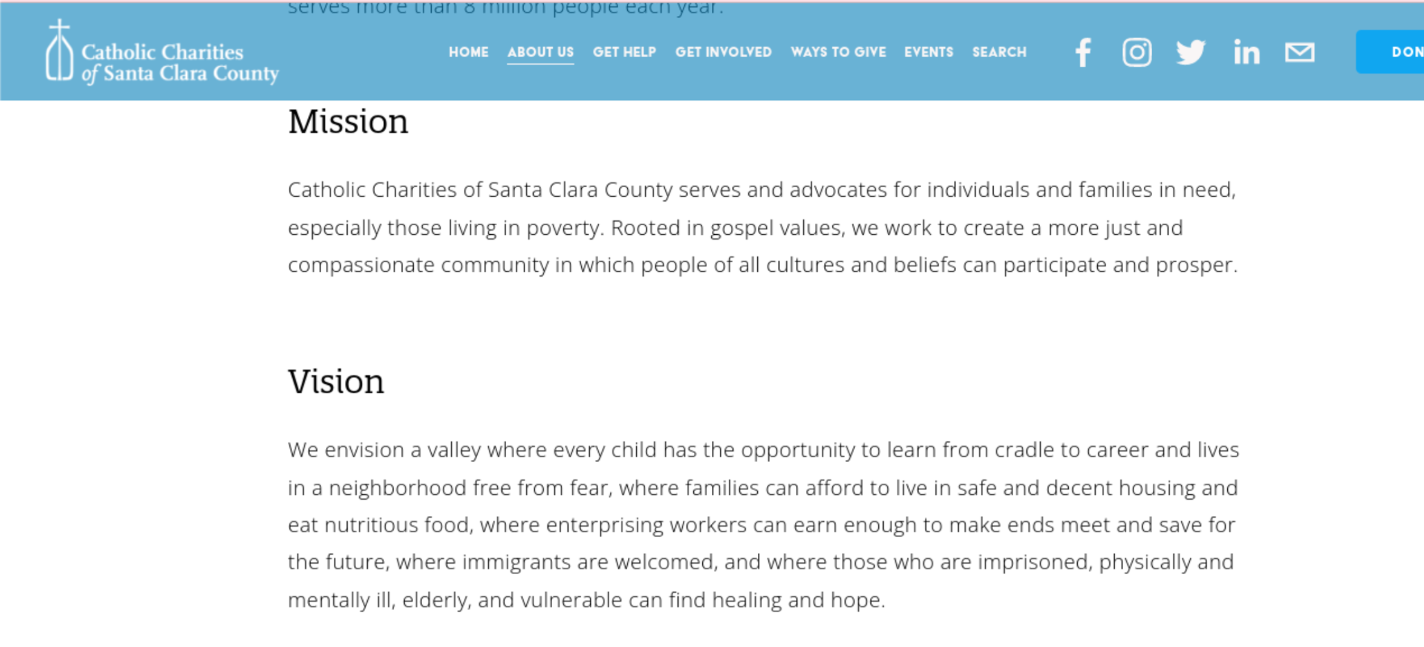Screenshot of the website for Catholic Charities of Santa Clara County showing their vision statement. 