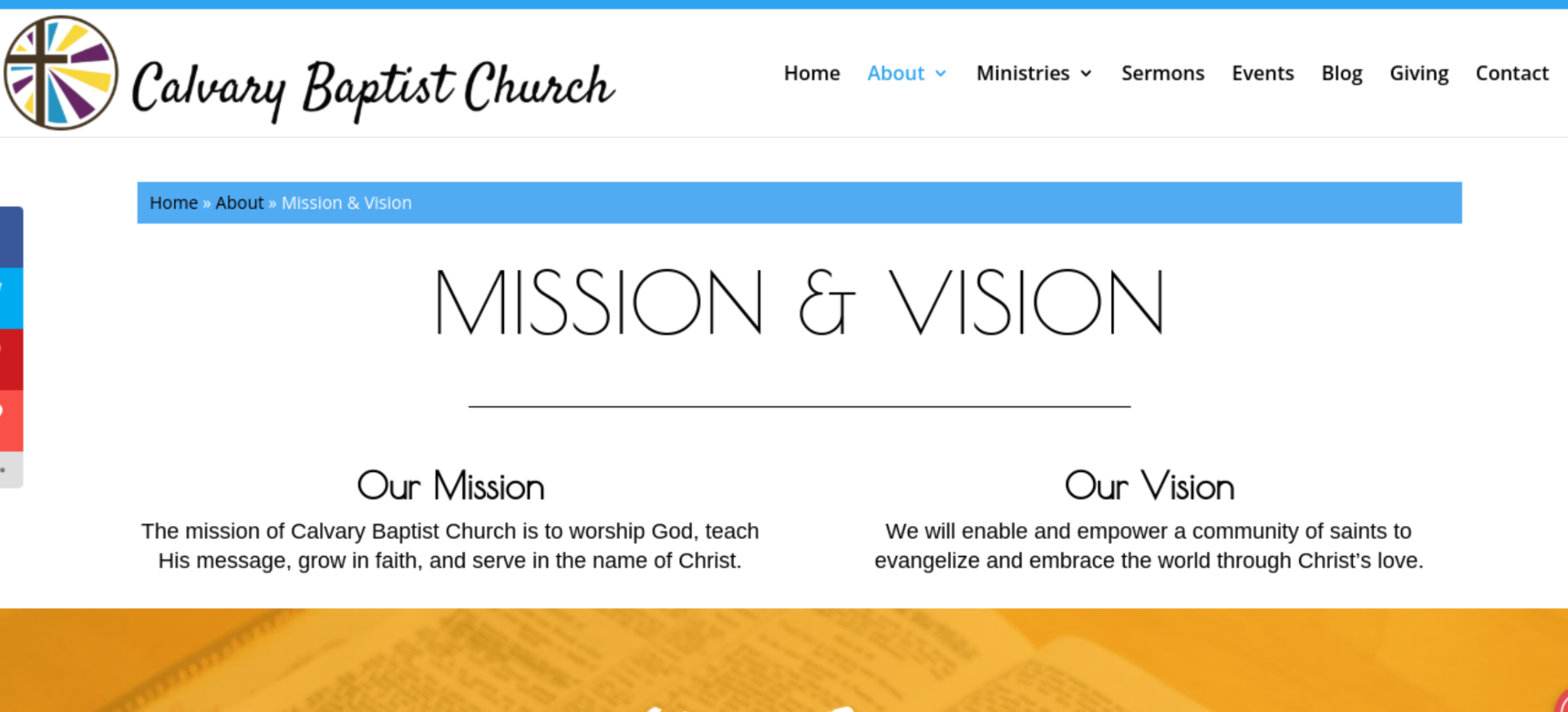 Screenshot of Calvary Baptist Church's website showing their mission and vision statement. 