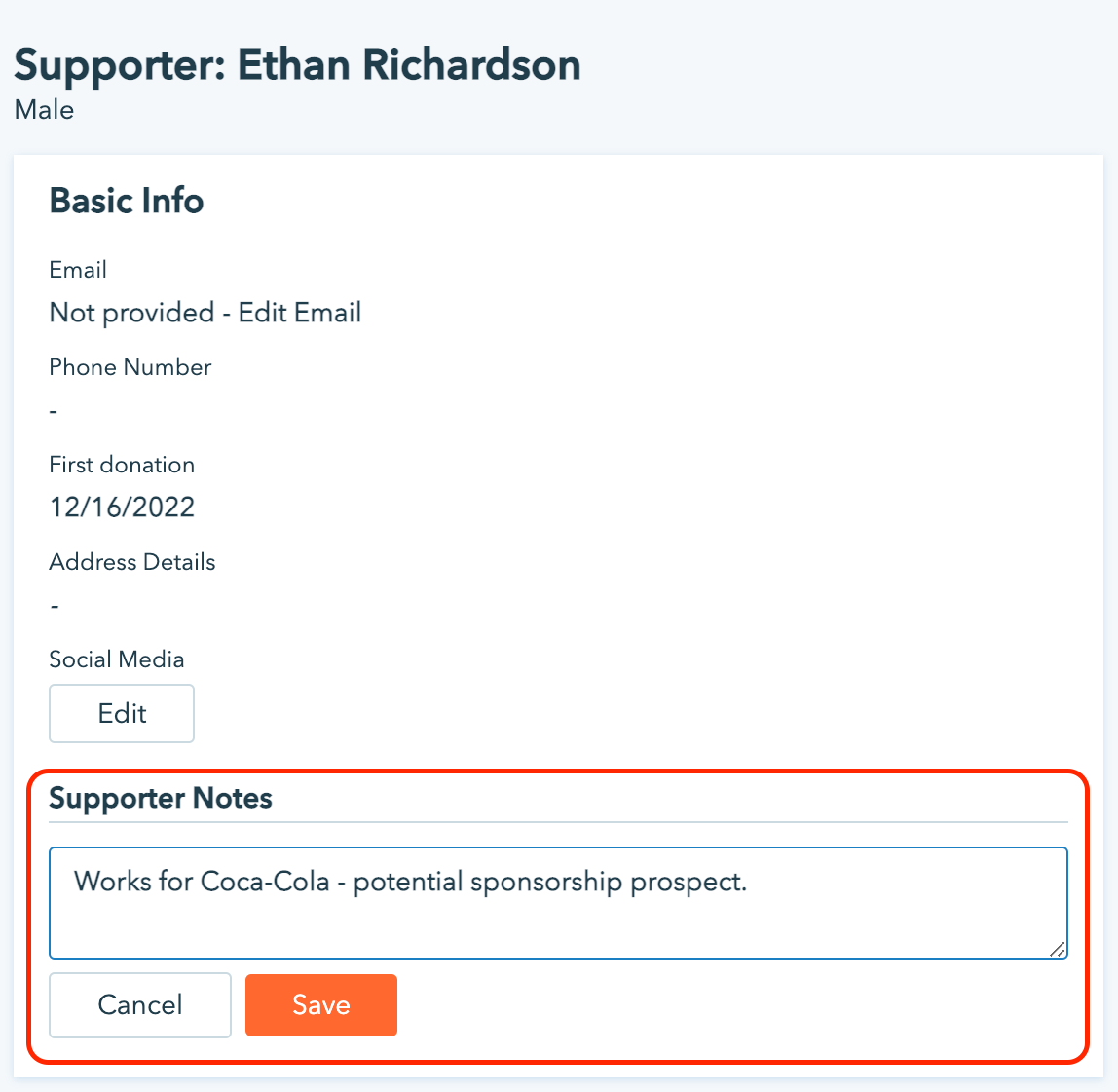 Screenshot of a Donorbox supporter profile where the supporter notes read "Works for Coca-Cola - potential sponsorship prospect." 