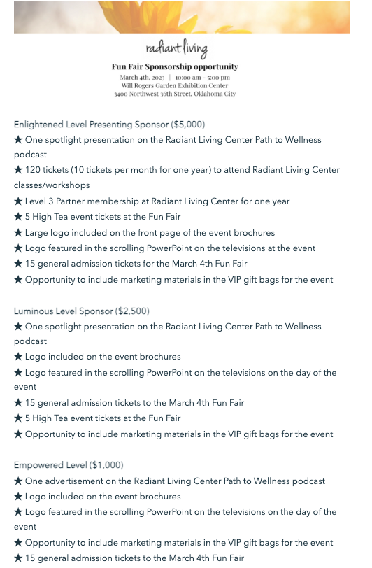 Screenshot for Radiant Living's Events page detailing their sponsorship packages. 