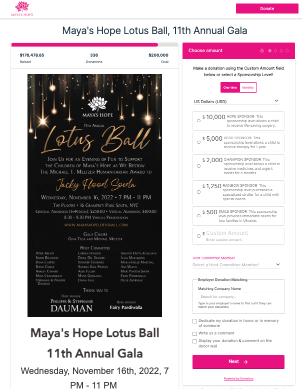 Screenshot of Maya's Hope's donation form, where they sold sponsorships for their event. 