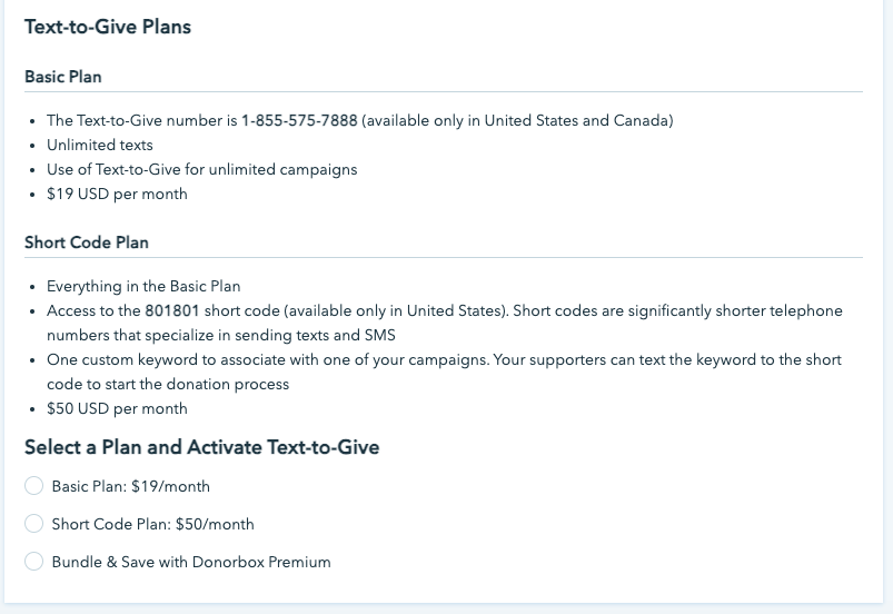 Screenshot showing the Basic and Short code plan details for Donorbox Text-to-Give. 