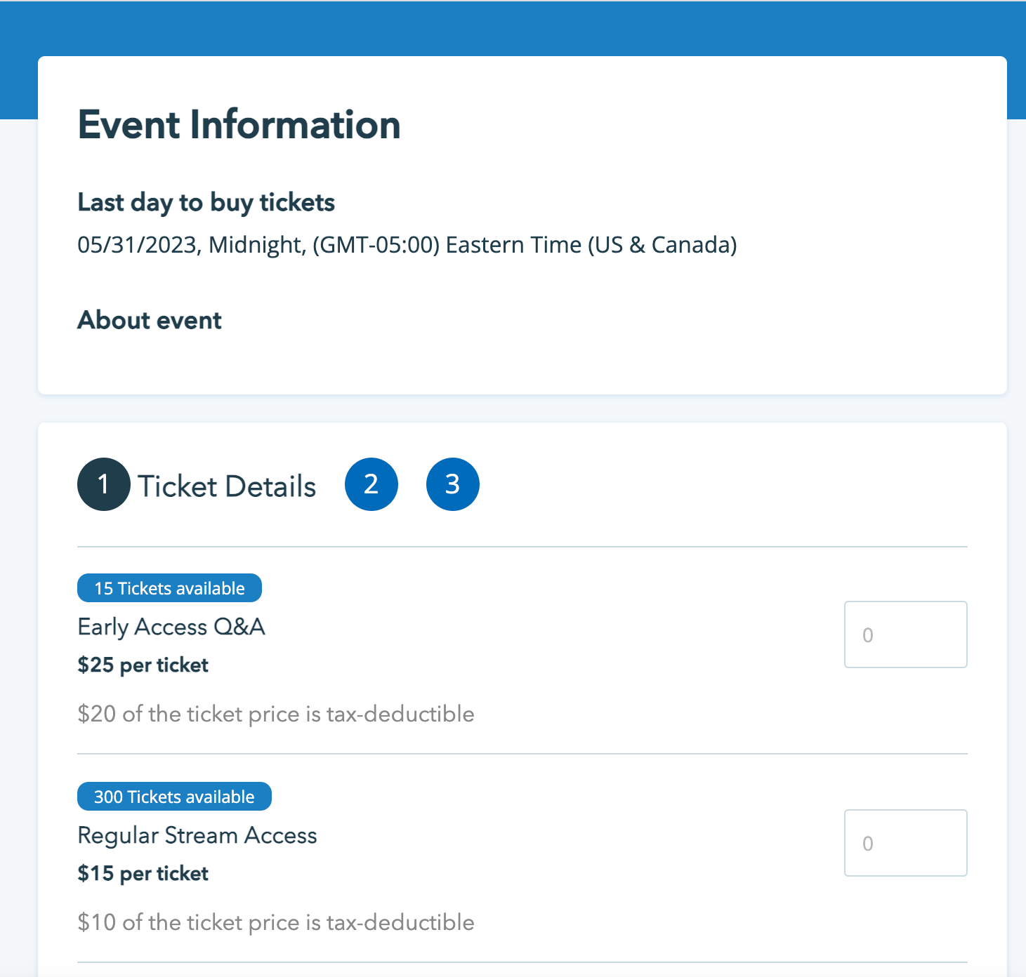Screenshot of a Donorbox Events page with ticket details. 