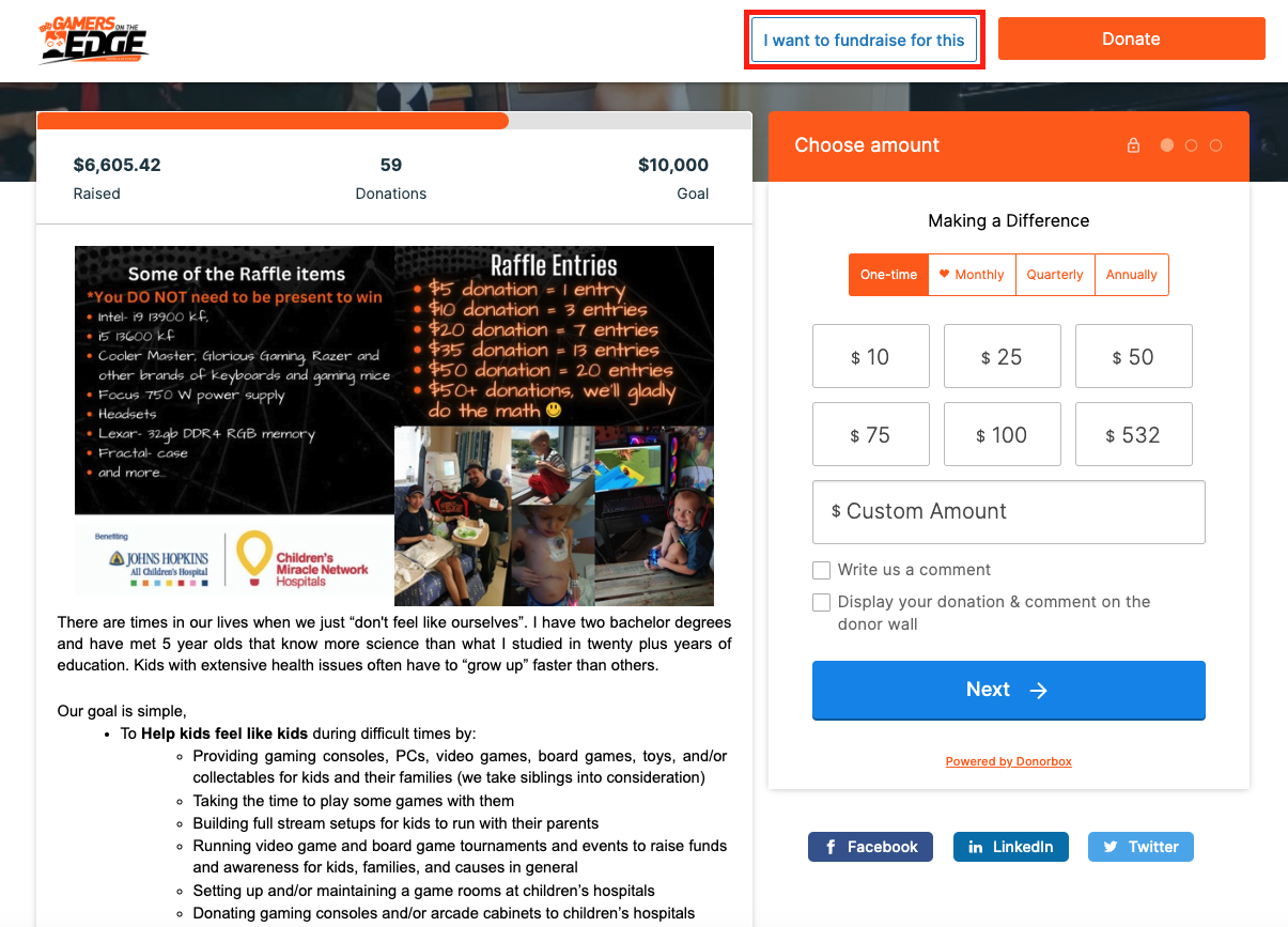 Screenshot of a video game fundraiser using a Donorbox donation page. 