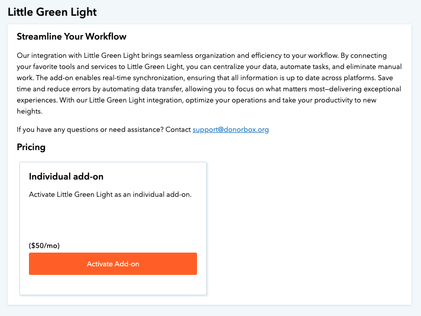 Screenshot showing the Little Green Light integration screen on your Donorbox account. 