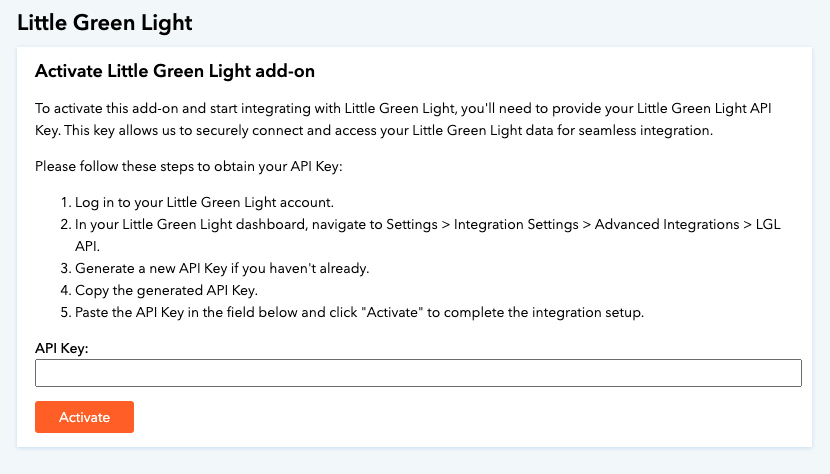 Screenshot showing the activation screen for the Little Green Light integration on Donorbox. 