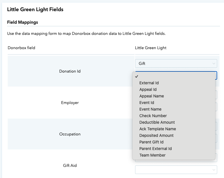 Screenshot showing the additional field mappings screen on Donorbox for the Little Green Light integration. 
