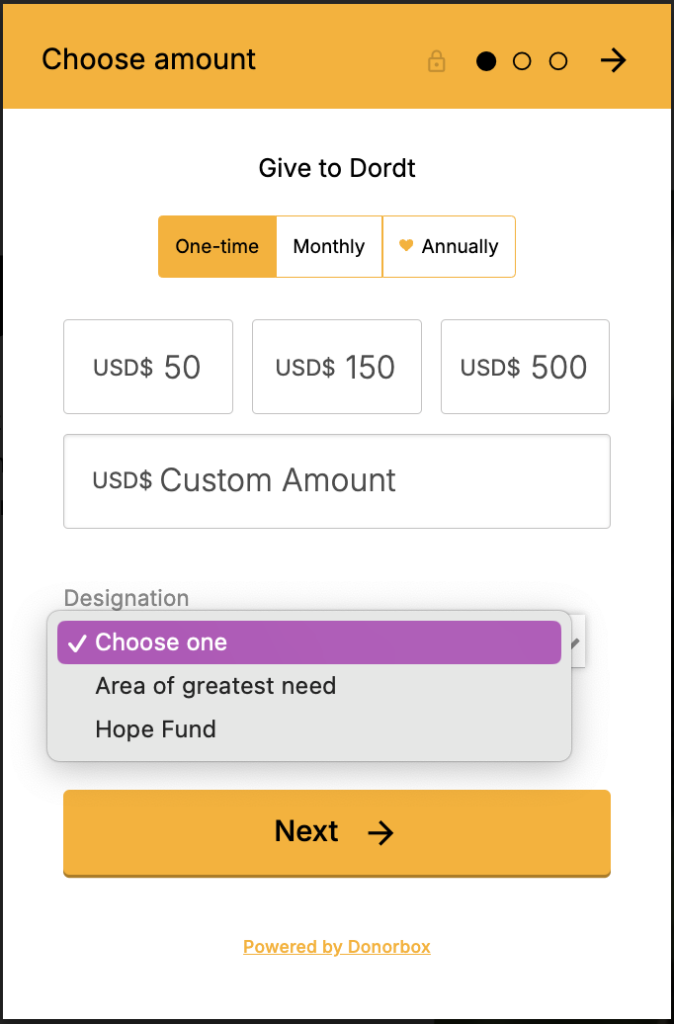A screenshot of a pop-up Donorbox Giving Form with designated fund options