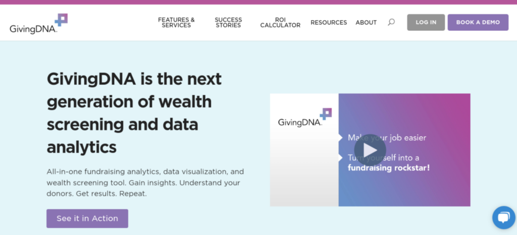 Screenshot of the GivingDNA homepage, showing the services they offer as wealth screening software for nonprofits
