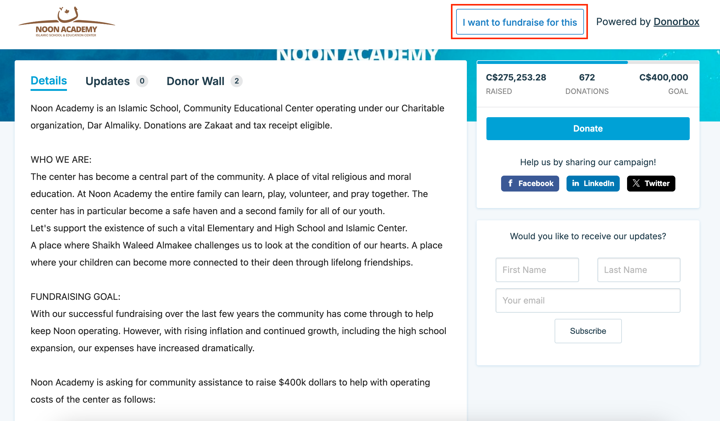 Screenshot of an organization's Donorbox donation page, where they have enabled Peer-to-Peer fundraising. 