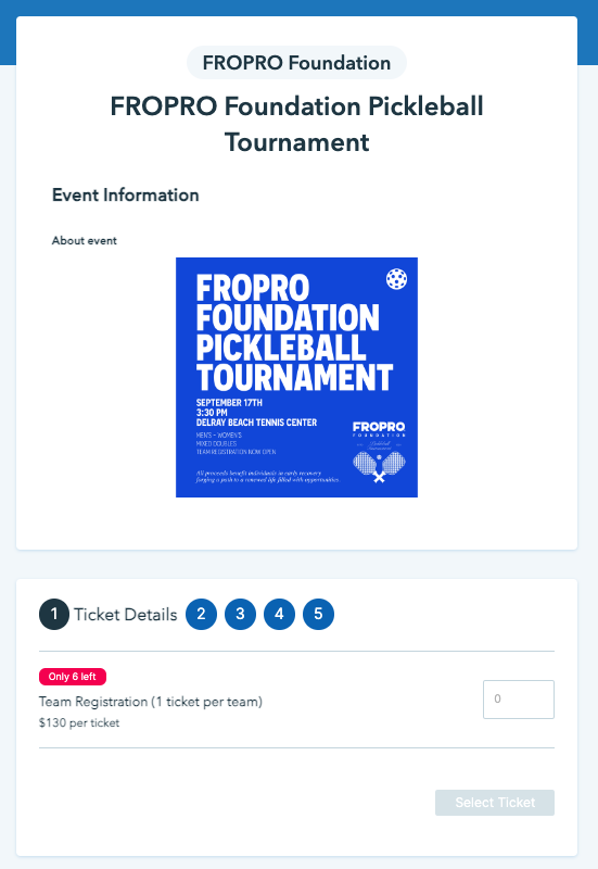An organization using a Donorbox Events page to sell tickets to their tournament. 