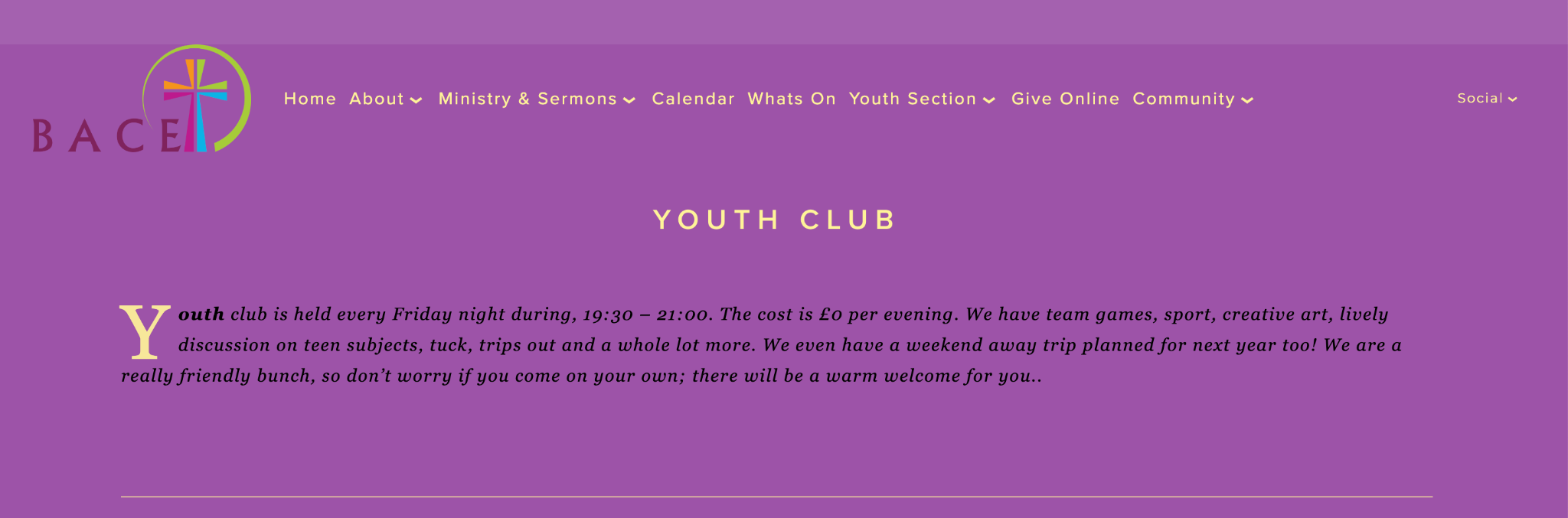 B.A.C.E.'s website showing their youth ministry information. 