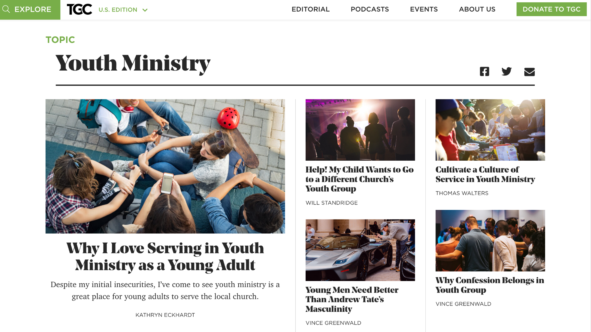 Screenshot of the youth ministry resources on The Gospel Coalition's website. 