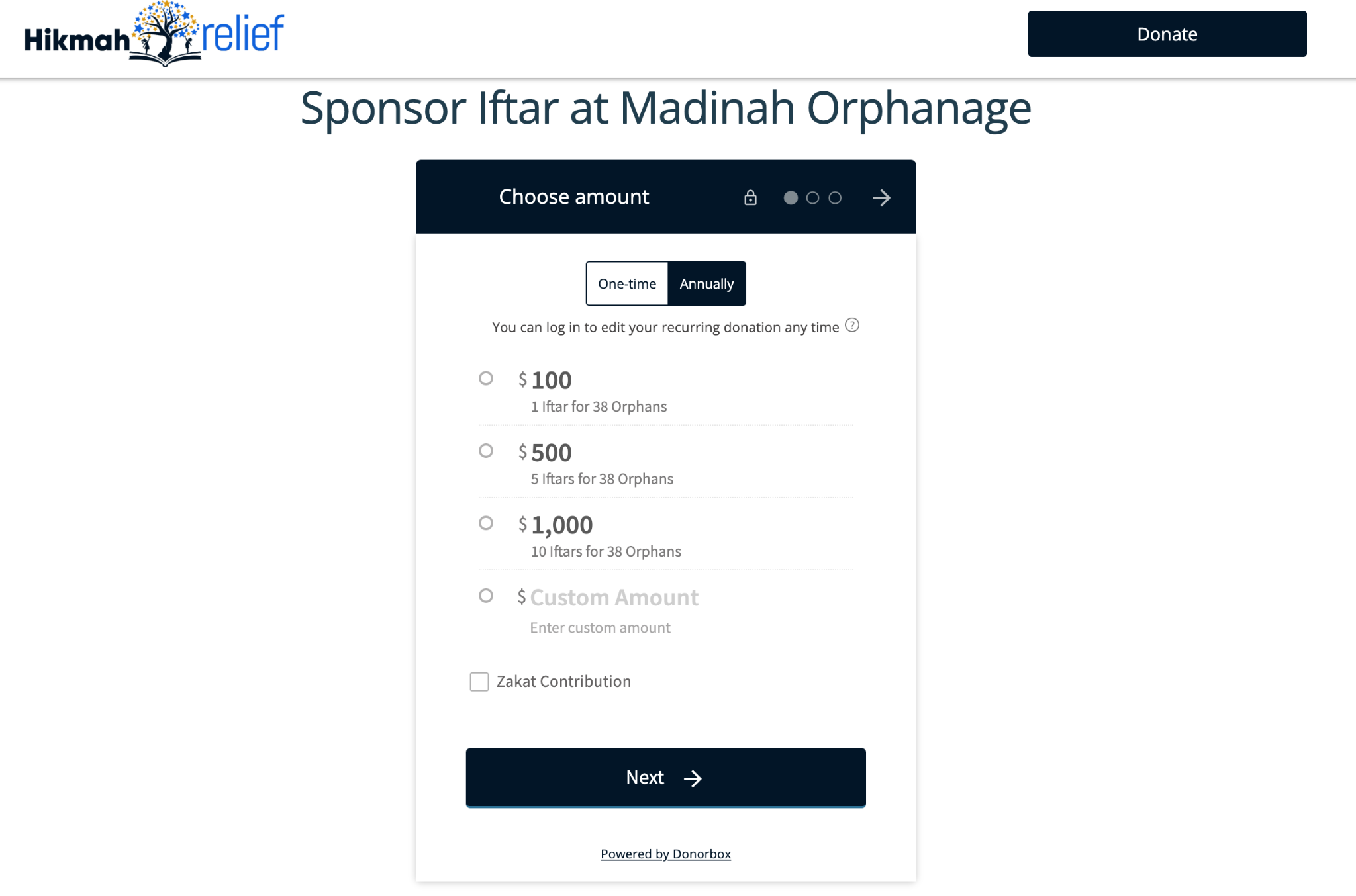 Screenshot of an organization using Donorbox to collect donations to sponsor Iftar at an orphanage. 