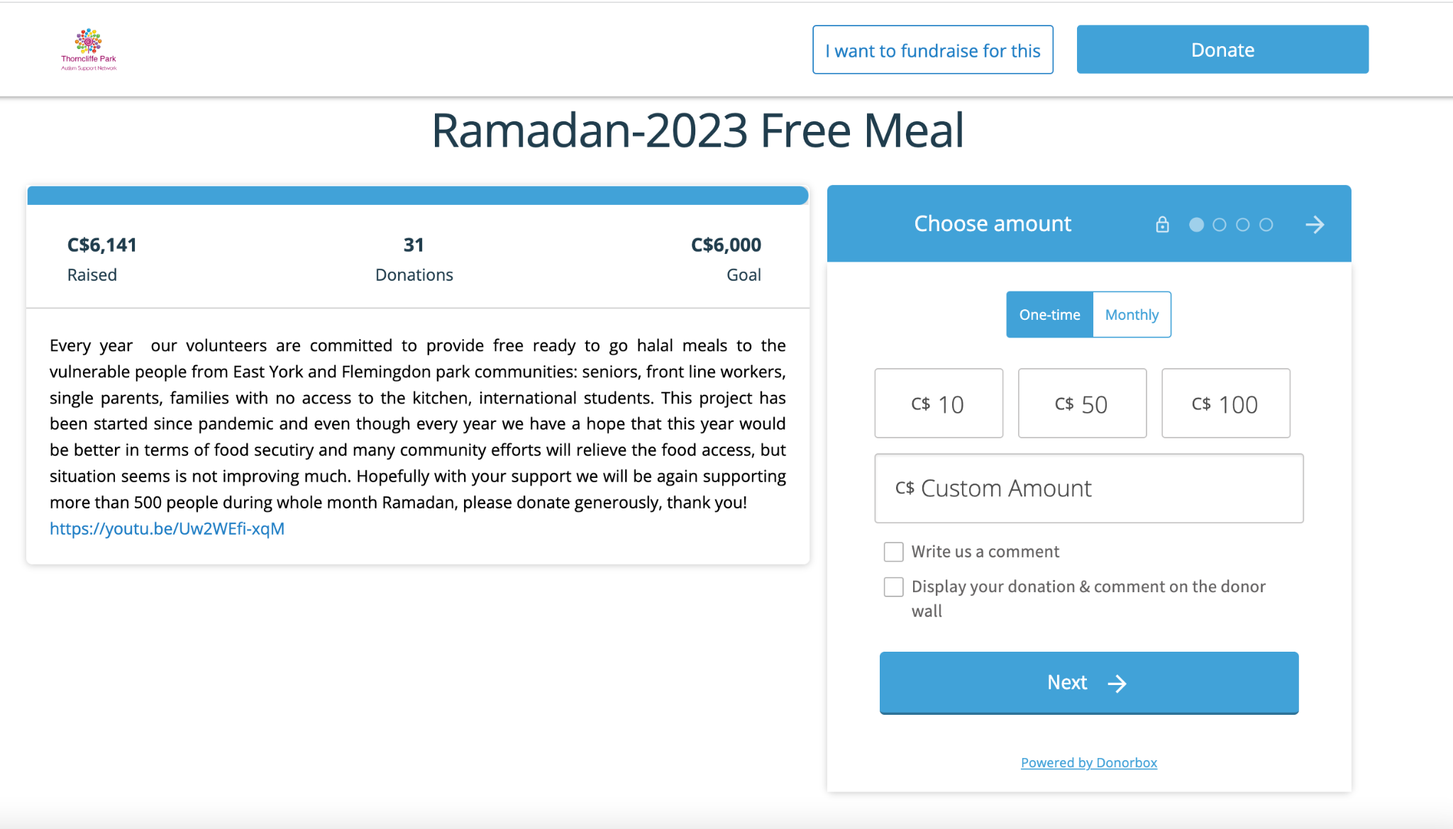 Screenshot of an organization using Donorbox for Ramadan fundraising. 