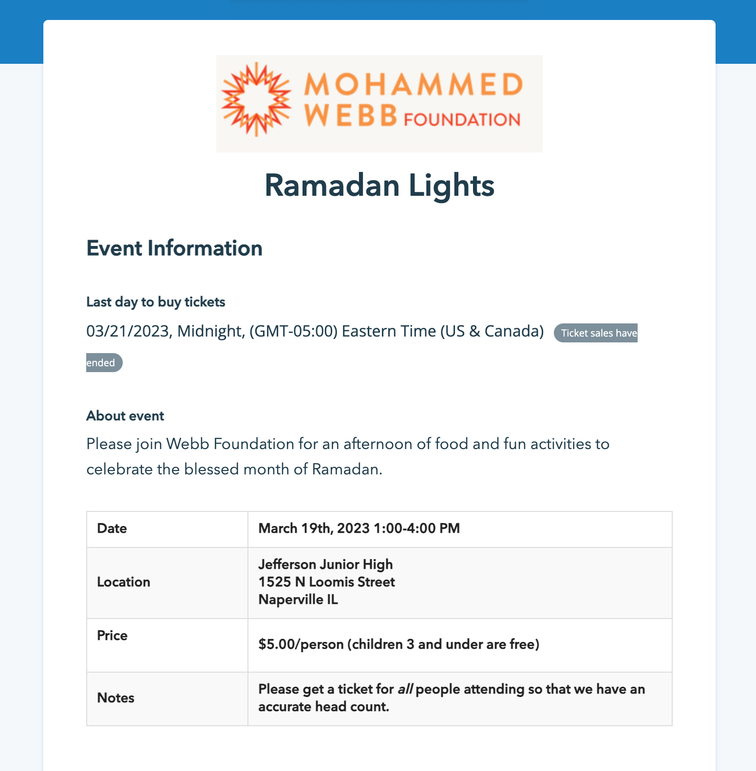 Screenshot of a foundation's Ramadan Donorbox Events page. 
