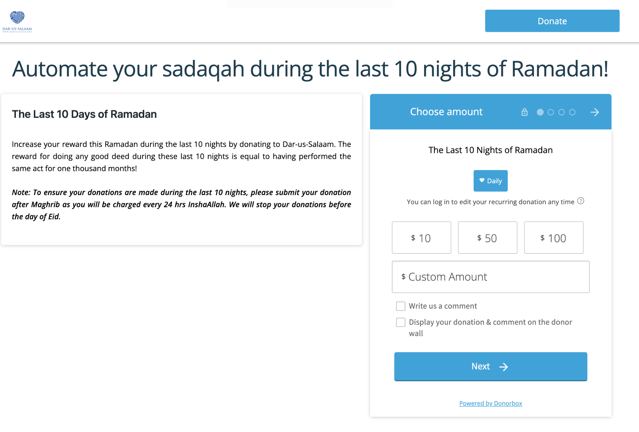 Screenshot of a fundraising page for donors to automate their sadaqah during the last 10 nights of Ramadan. 