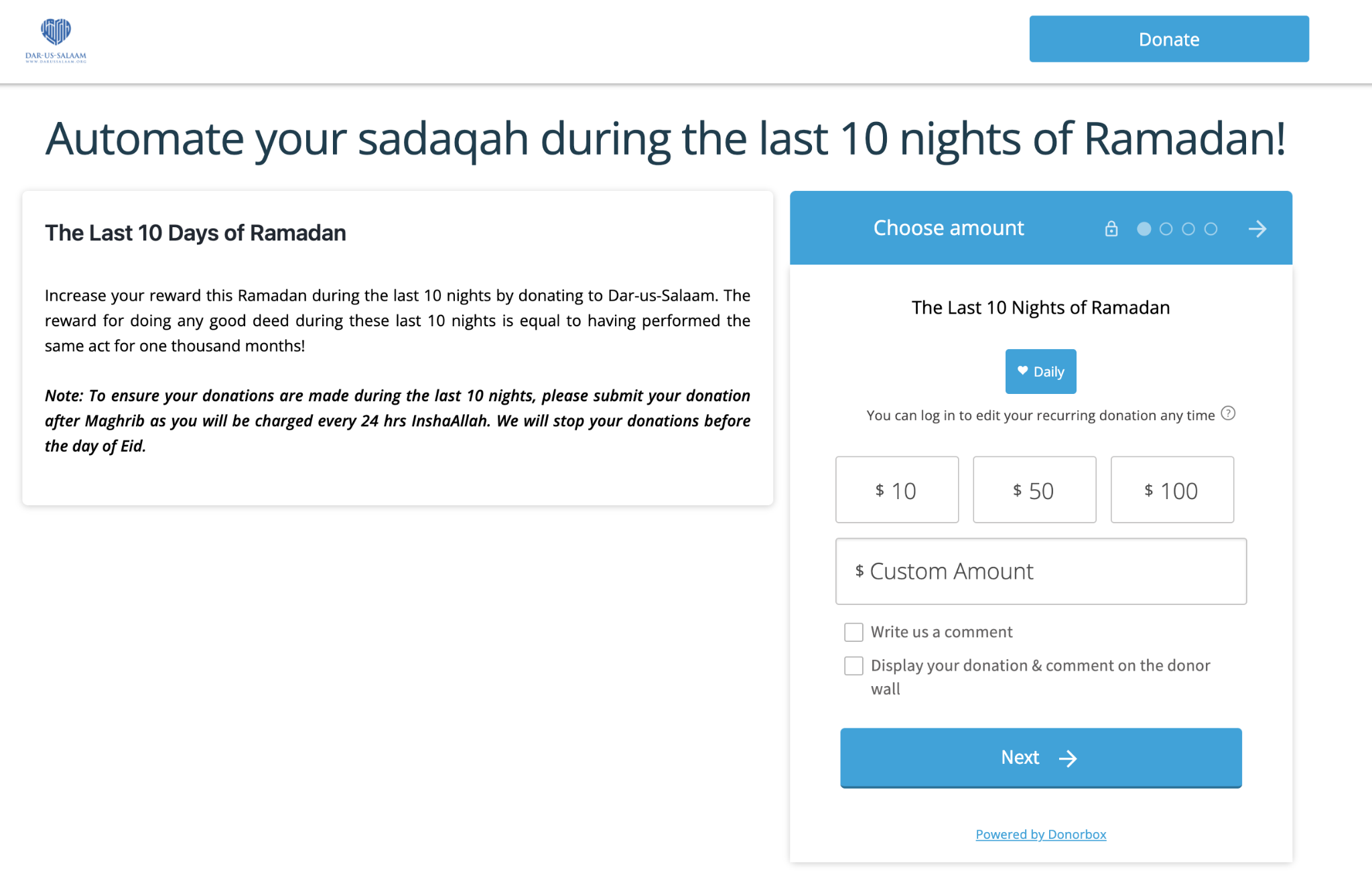 Screenshot of an Islamic charity's Donorbox fundraising page for the last 10 nights of Ramadan. 