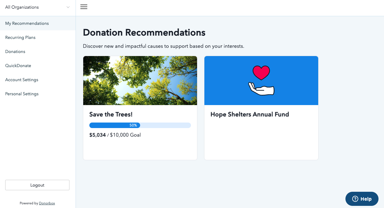 Screenshot showing donation recommendations on the Donorbox Donor Portal. 
