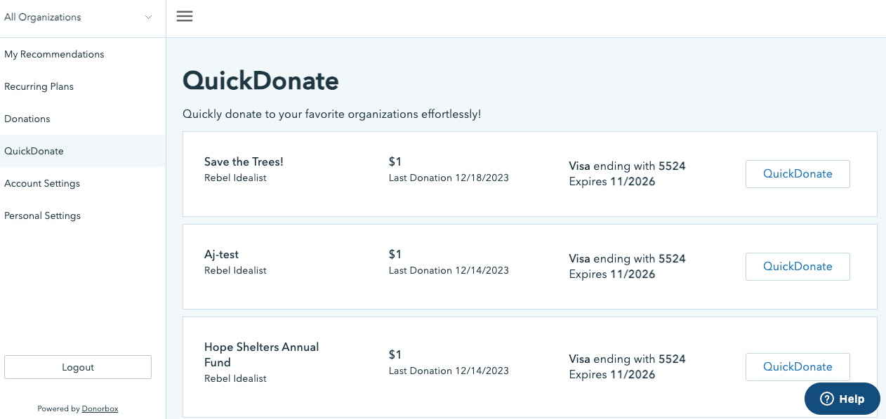 Screenshot showing the QuickDonate options to give on the Donor Portal. 