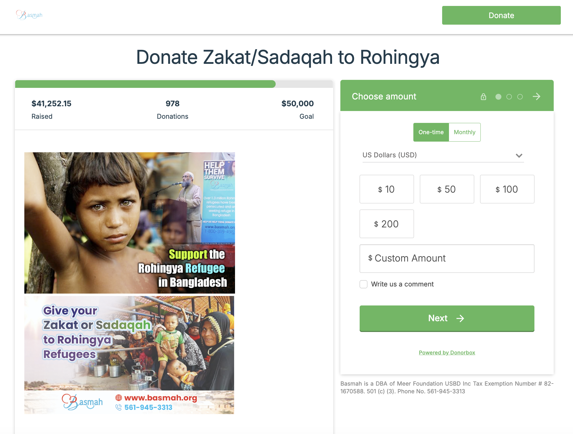 Screenshot of an organization's Donorbox donation page where they are collecting alms to support refugees. 