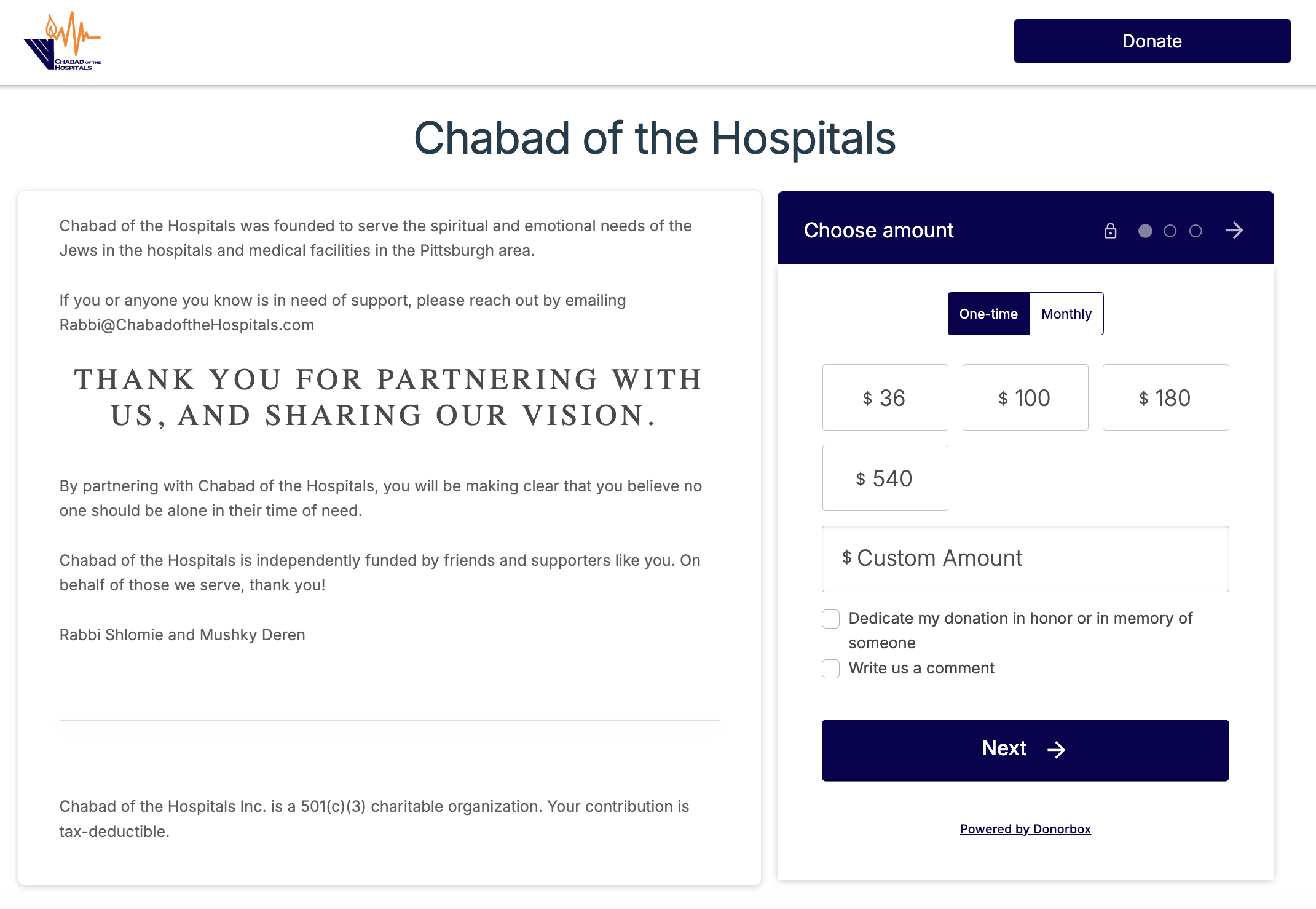 Screenshot of an organization using a Donorbox donation page to raise funds for their hospital support program. 