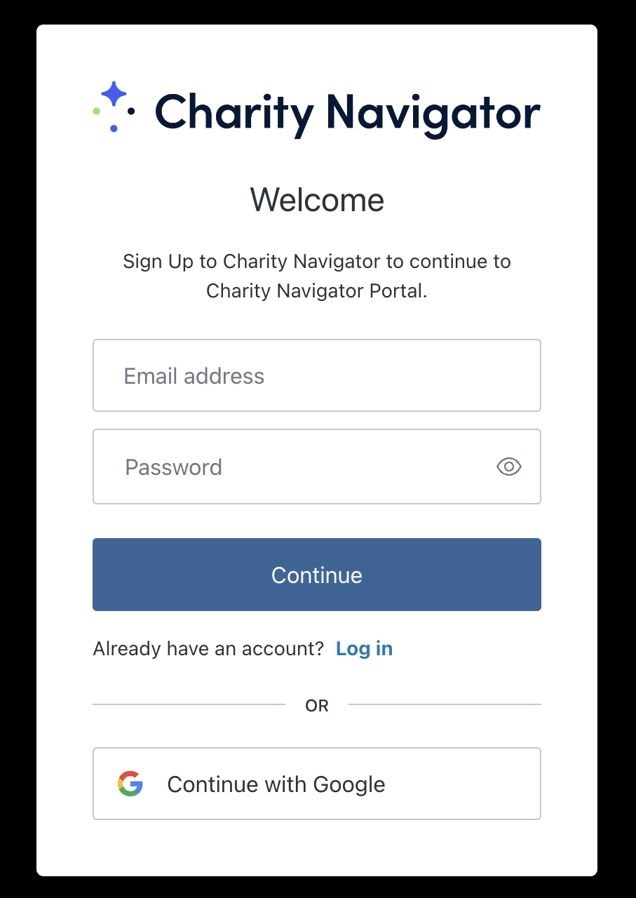 Screenshot of the sign-up screen on Charity Navigator. 