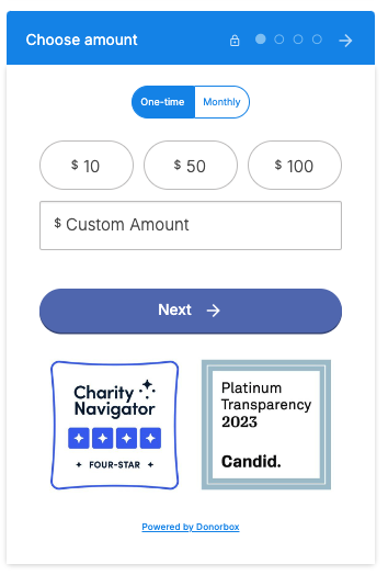 Capture d'écran d'un formulaire de don Donorbox avec un badge Charity Navigator.
