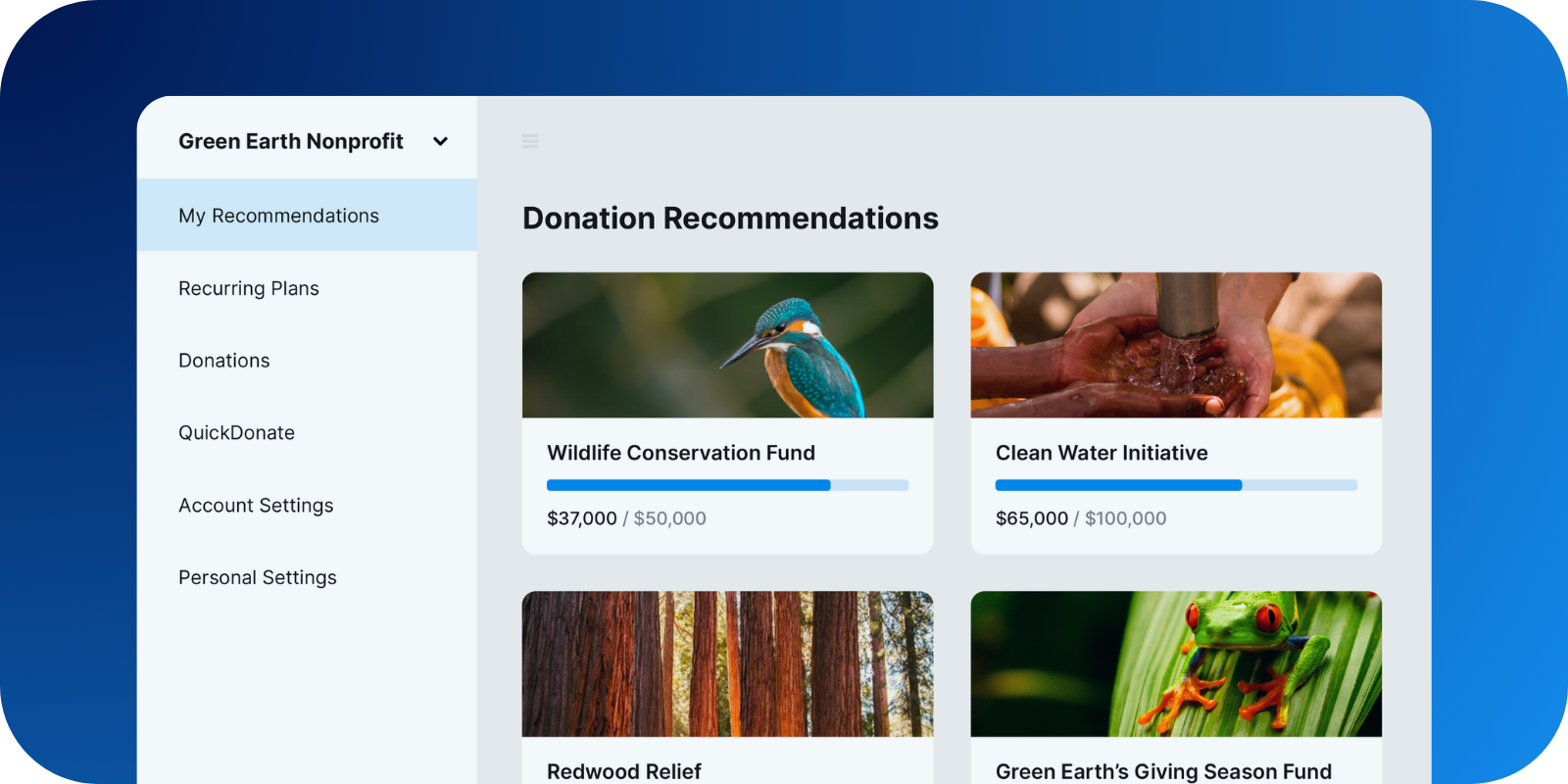 Image shows the recommendations section of the Donorbox Donor Portal. 