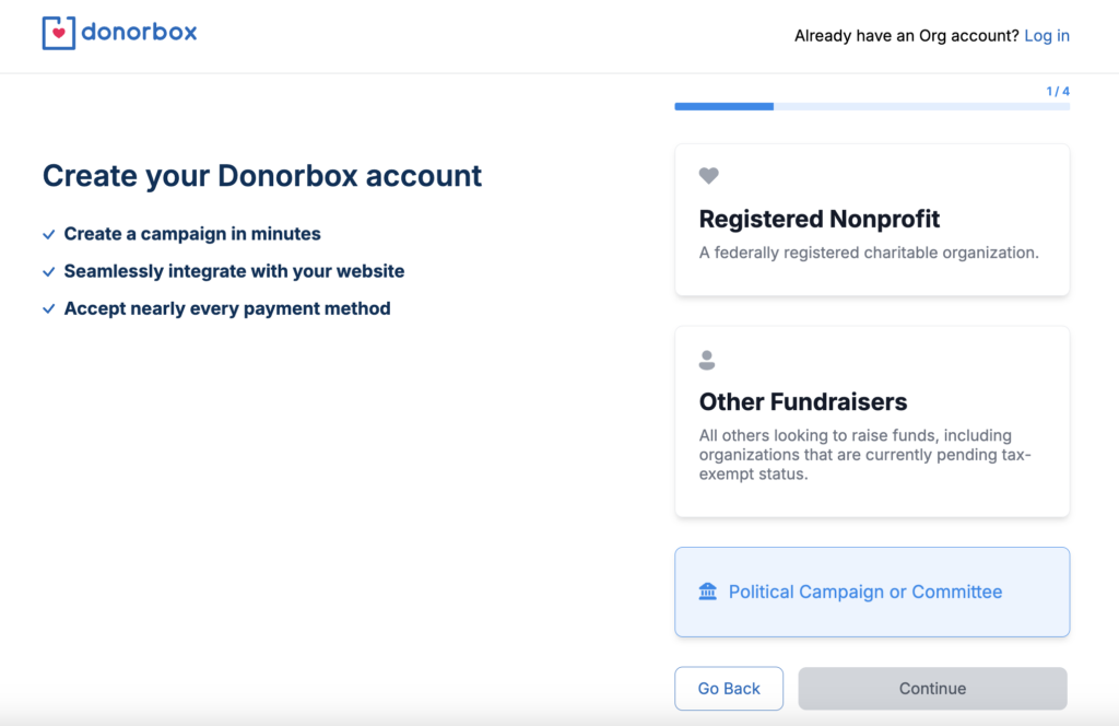 Screenshot of Donorbox sign-up page showing the types of users that can use Donorbox, including Political Campaigns or Committees