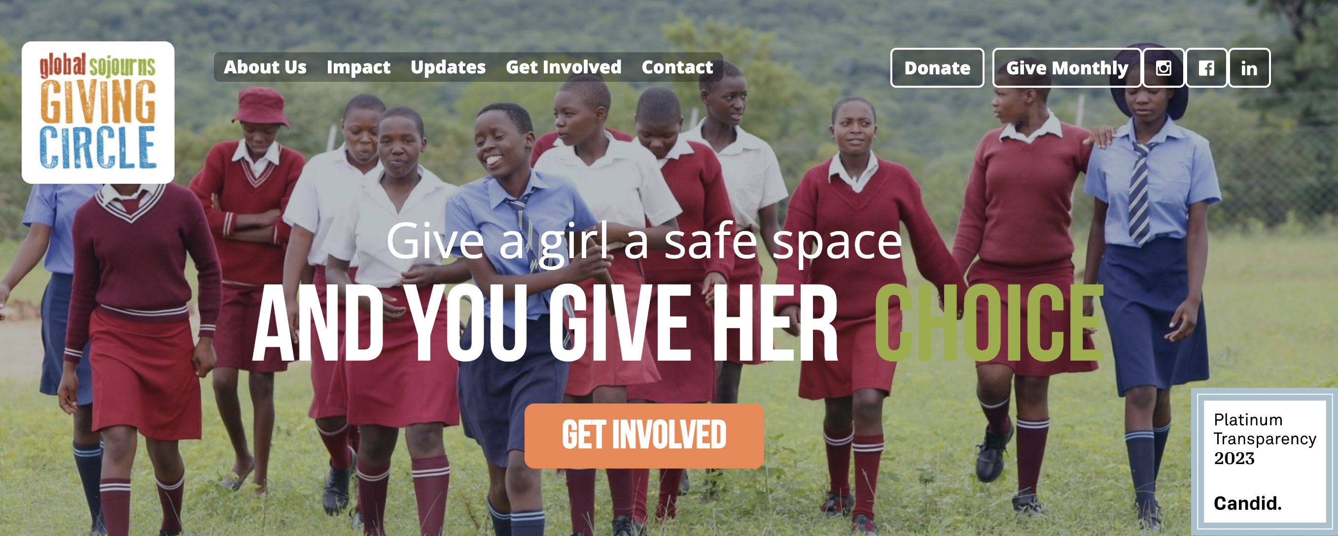 Screenshot of the homepage for Global Sojourns Giving Circle