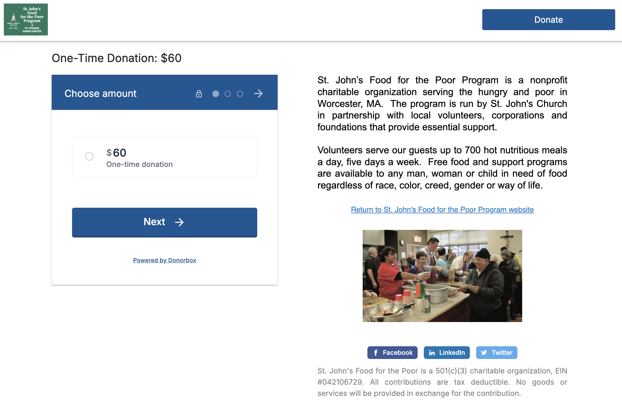 Screenshot of a Christian organization using Donorbox to raise funds for almsgiving. 