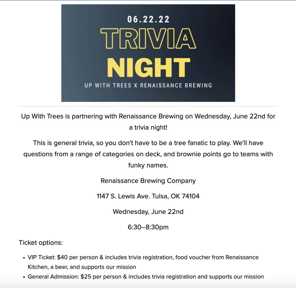 Up With the Trees Trivia Night ticket form - Donorbox Events example
