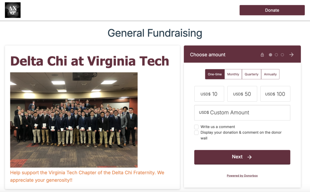 Screenshot of the. Donorbox fundraising form used by Delta Chi at Virginia Tech