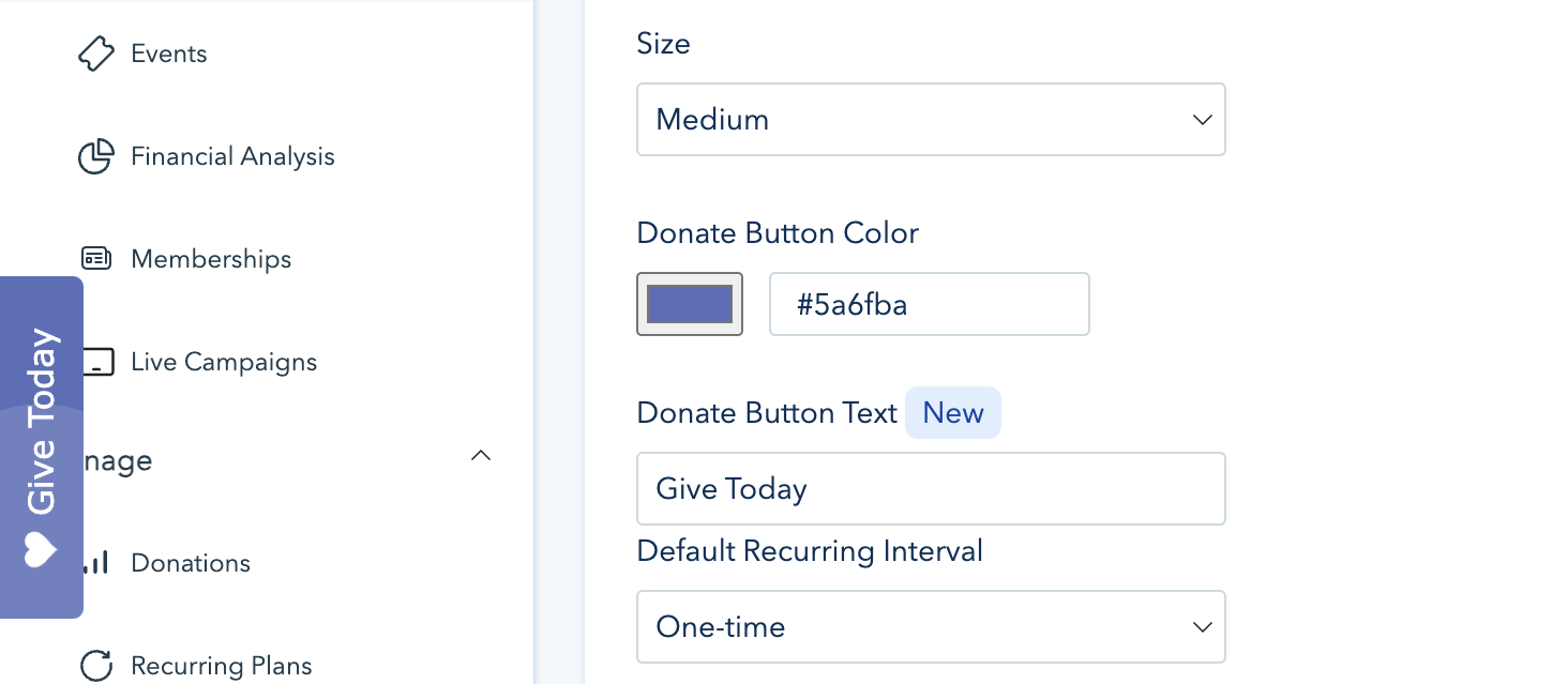 Screenshot of the customization options for your Sticky Donate Button. 