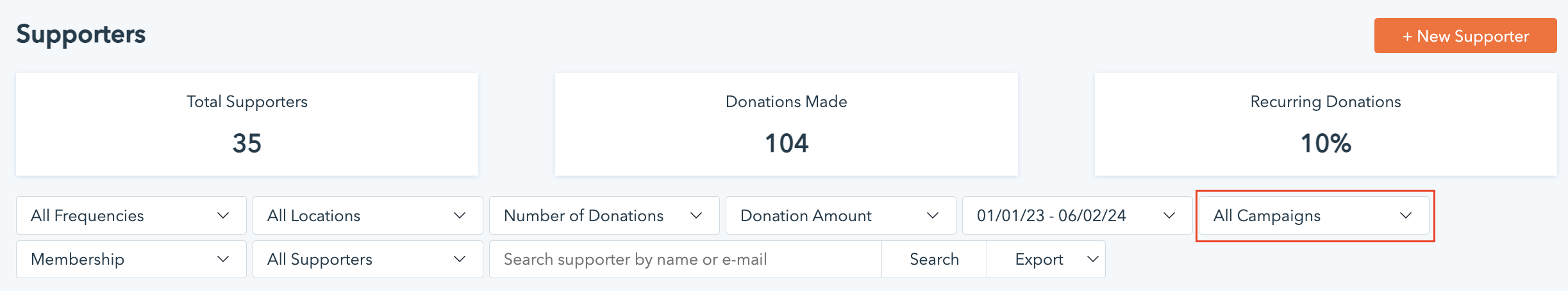 Screenshot showing how to filter supporters by campaign using Donorbox's donor management tools. 