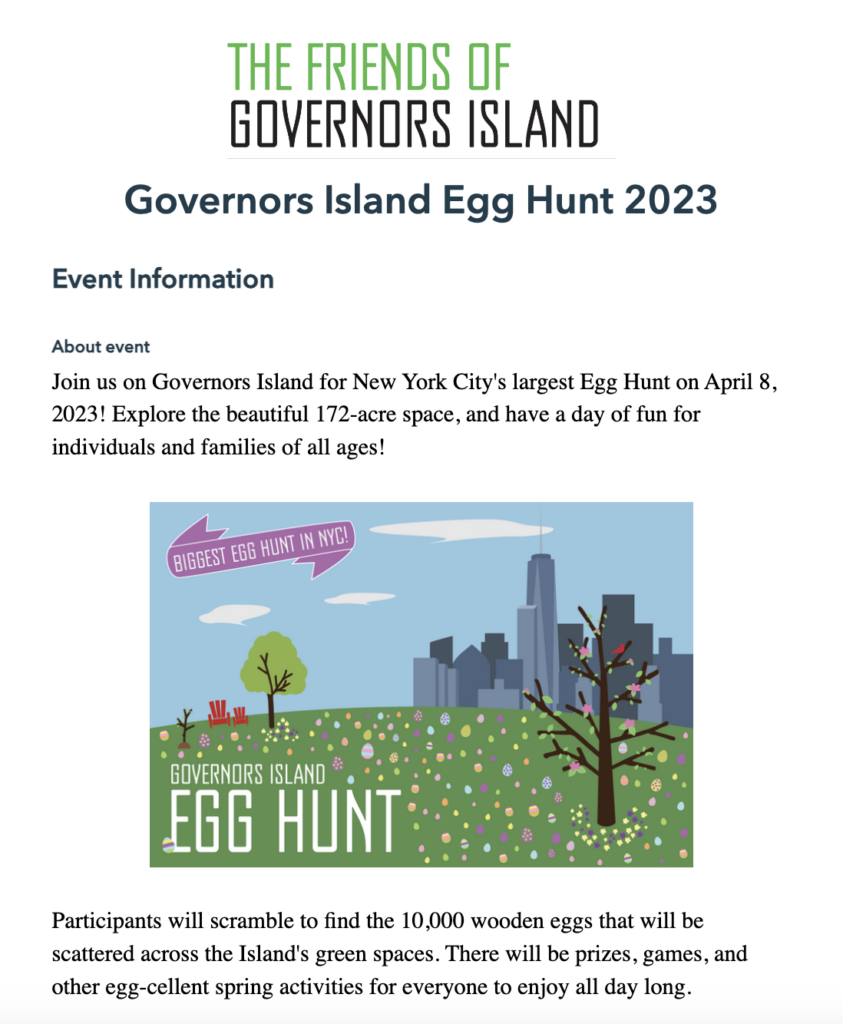 Screenshot of Governors Island Easter Egg Hunt Event form on Donorbox