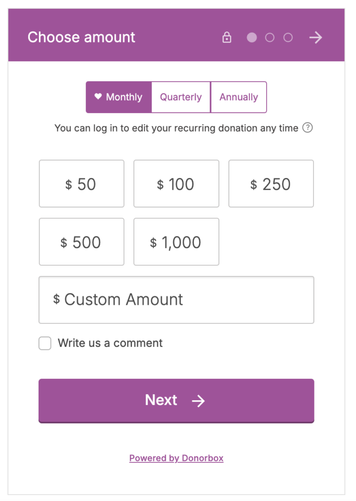 Example of New Beginnings using a Donorbox recurring donation form