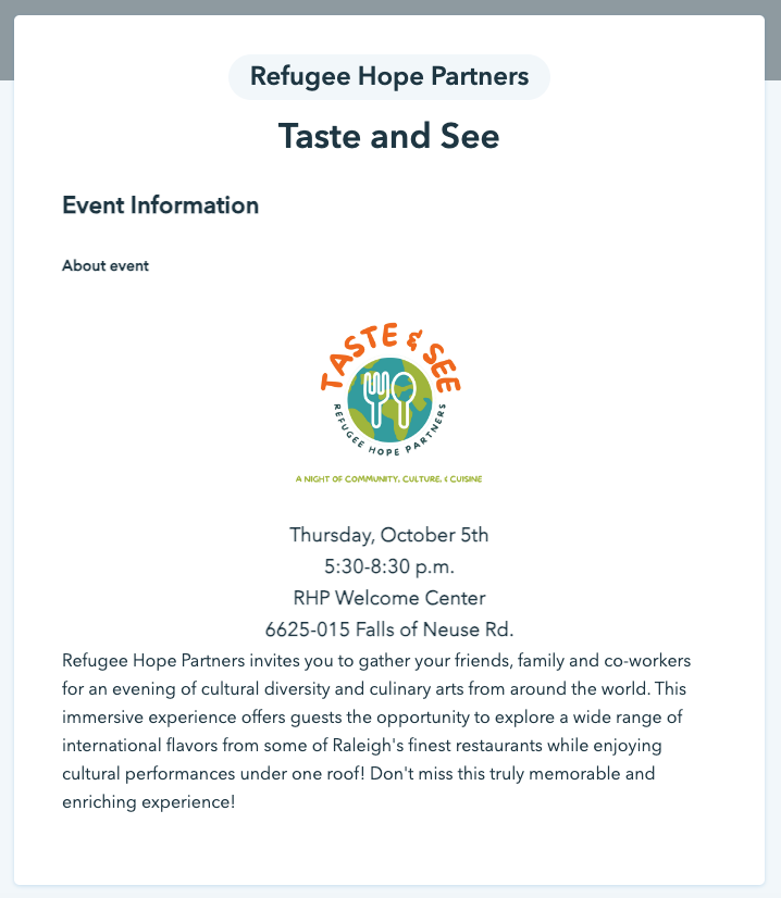 Screenshot of Refugee Hope Partners' Donorbox Events page. 