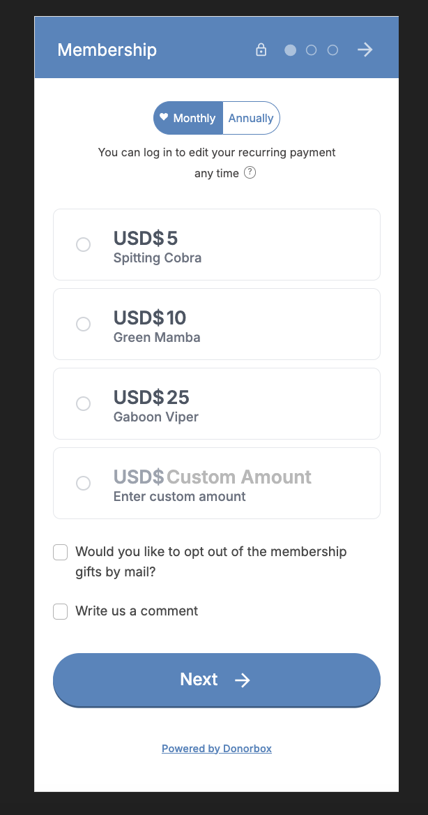 Screenshot of an organization's Donorbox Memberships form. 