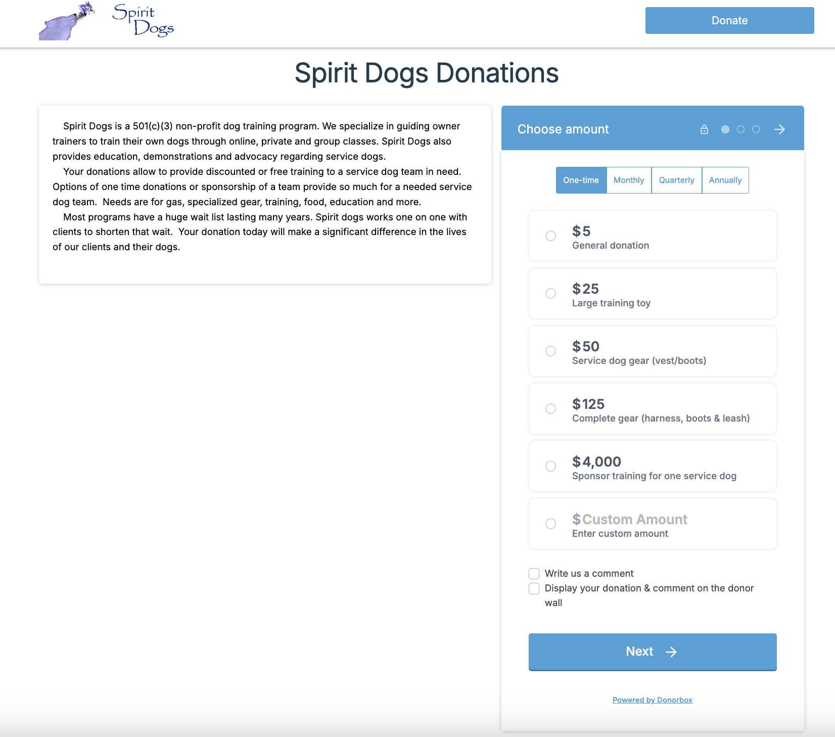 Capture d'écran d'une page de don Donorbox. 
