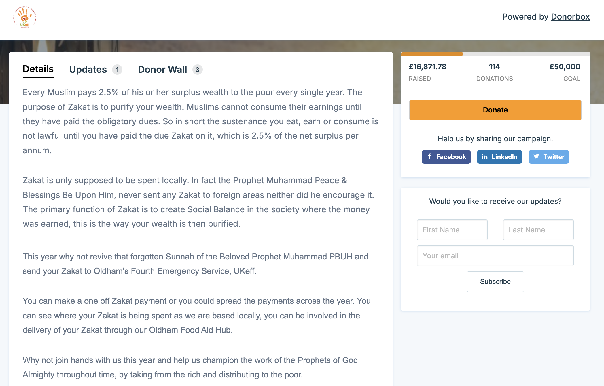Example of a fundraising message asking for Zakat donations. 