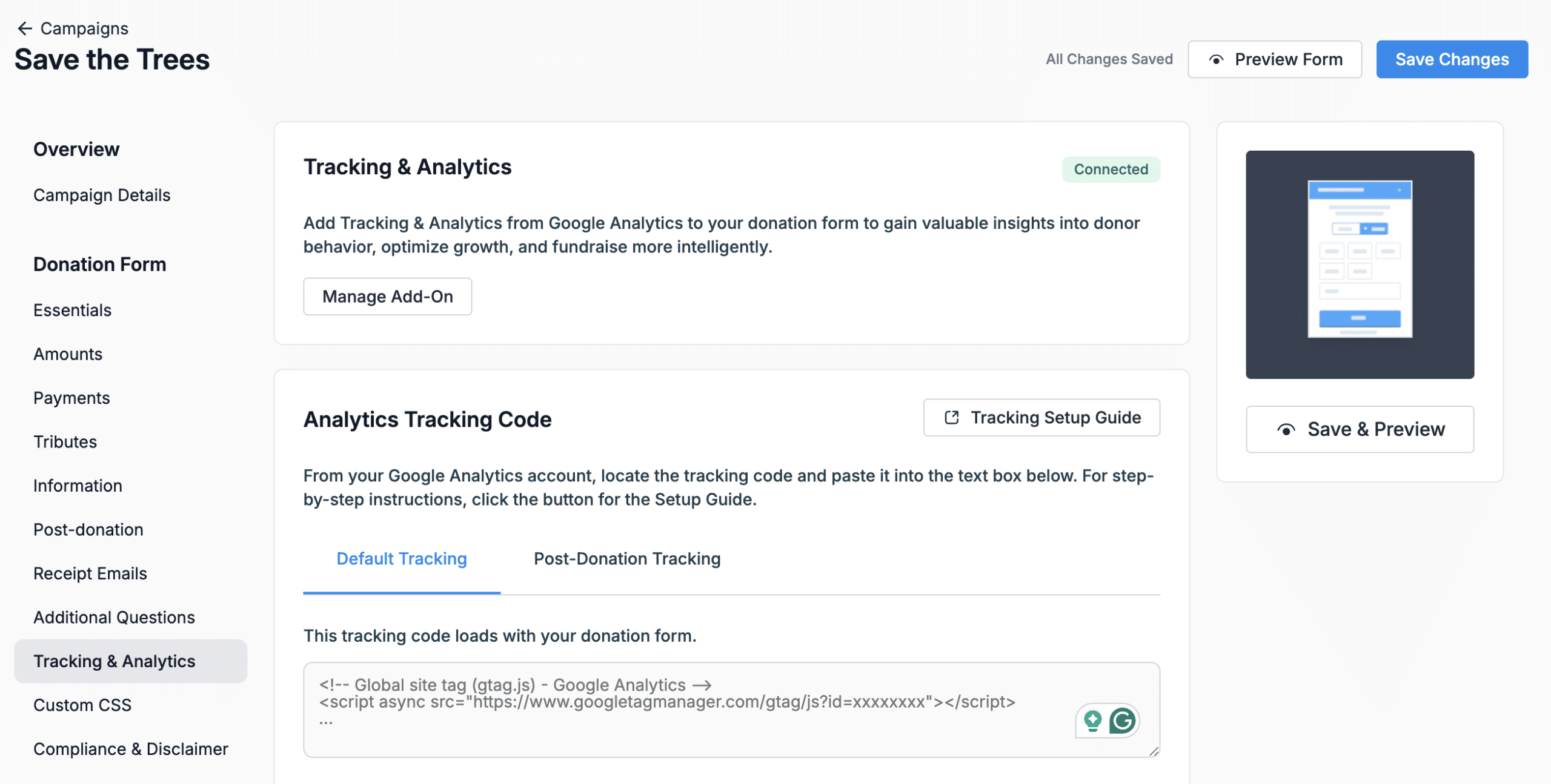 Screenshot showing where to add tracking and analytics