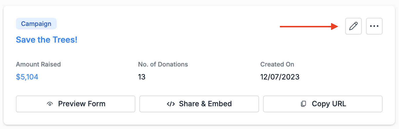 Screenshot of a Donorbox campaign card