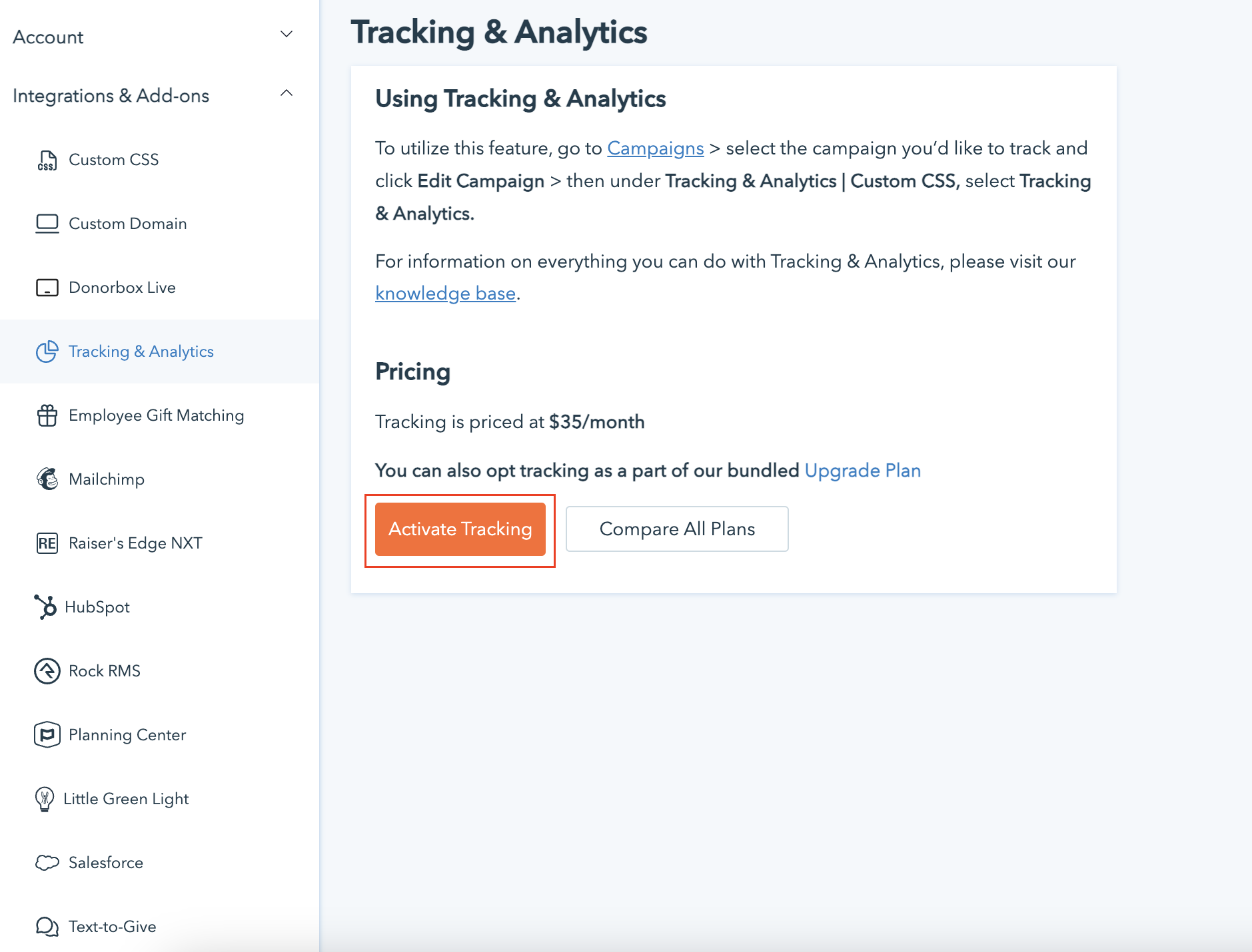 Screenshot shows where to locate the activation for Donorbox Tracking & Analytics. 