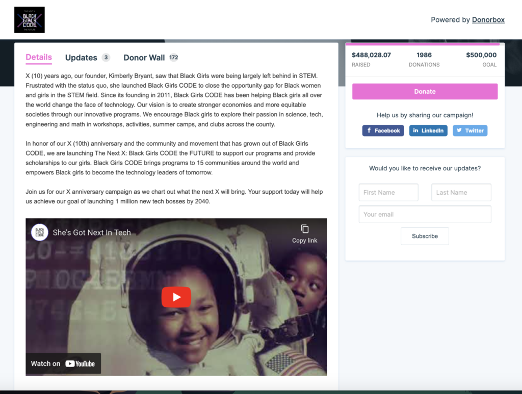 An example of beneficiary storytelling used on a Donorbox donation form for Black Girls Code. 