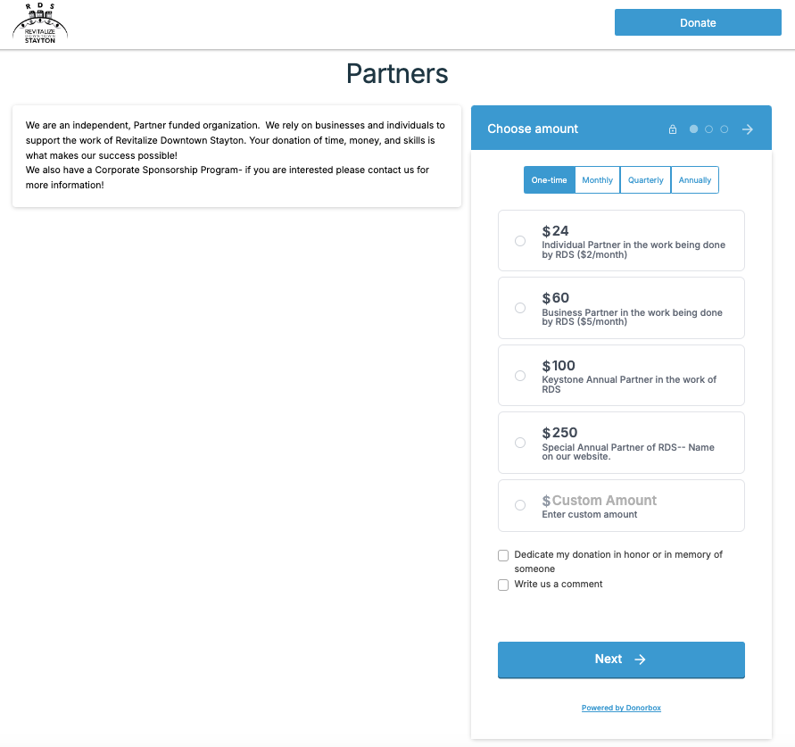 Screenshot showing an organization's donation form where they collect partnerships. 