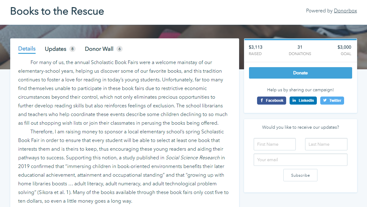 Screenshot shows a school crowdfunding campaign on Donorbox. 