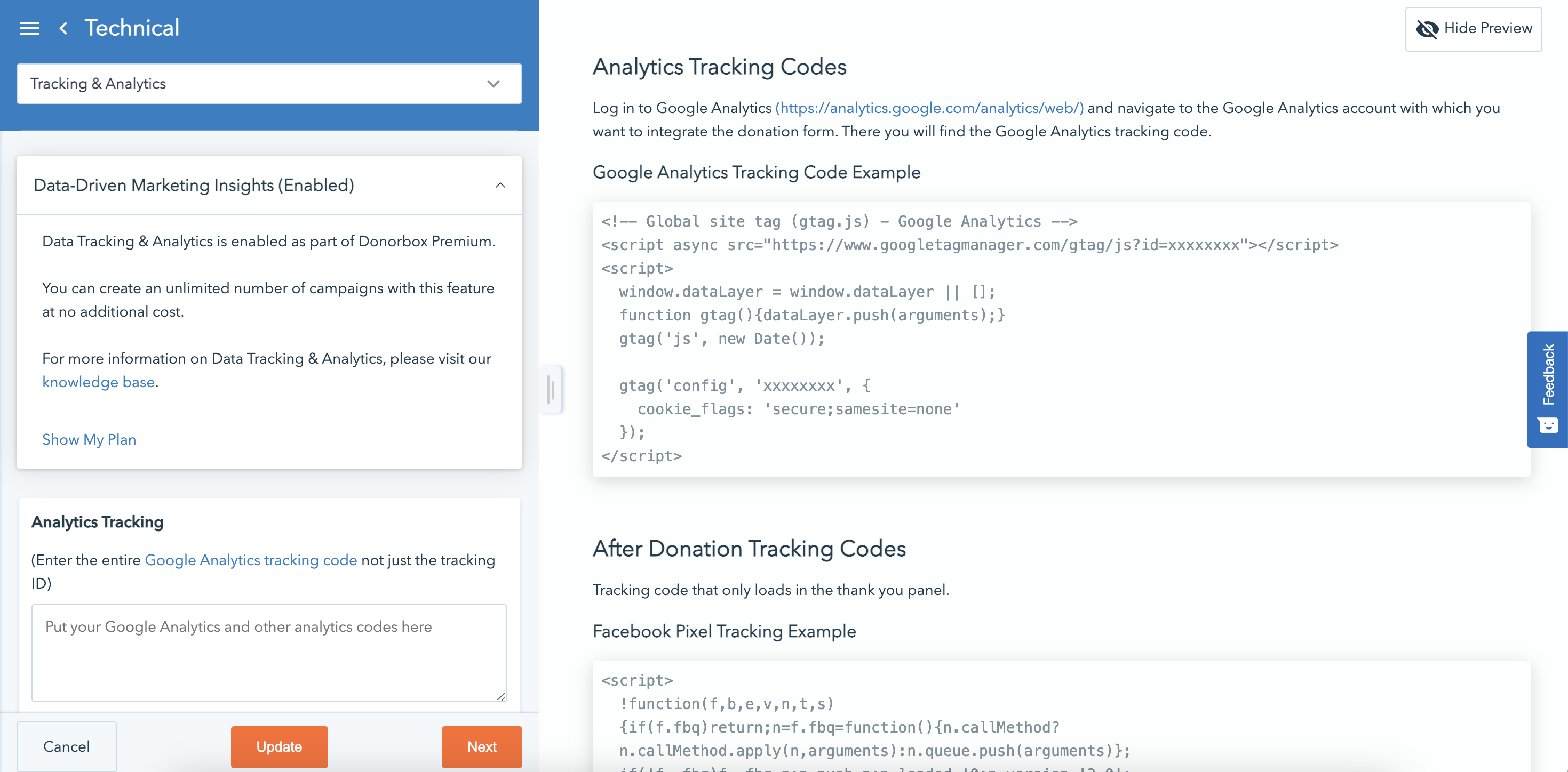 La capture d'écran montre la page de l'éditeur de campagne où vous pouvez ajouter Tracking & ; Analytics. 